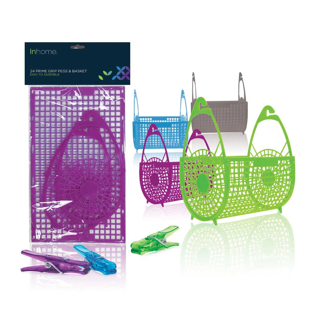 Inhome Flat Basket with 24 Wondergrip Pegs Assorted